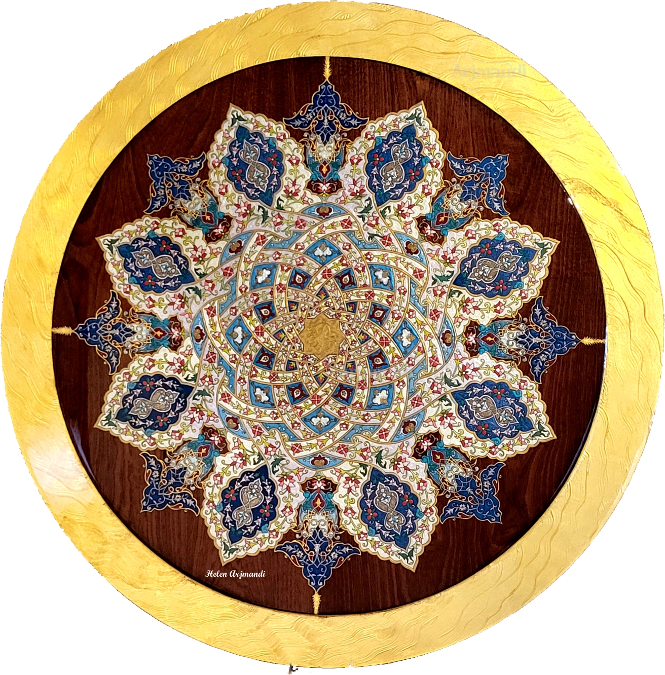 Healing Mother Earth — a circular gilded medallion of Persian illumination in blue, gold, and crimson on wood.