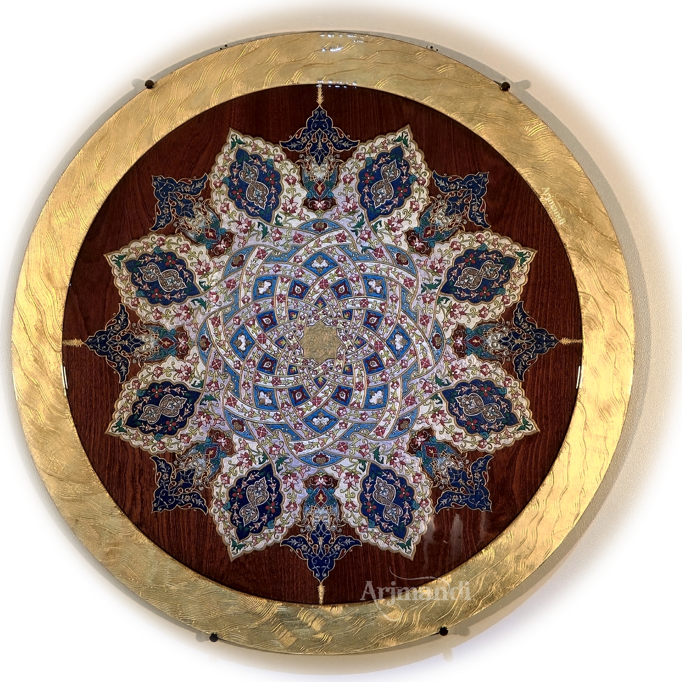 Healing Mother Earth — a circular gilded medallion of Persian illumination in blue, gold, and crimson on wood.