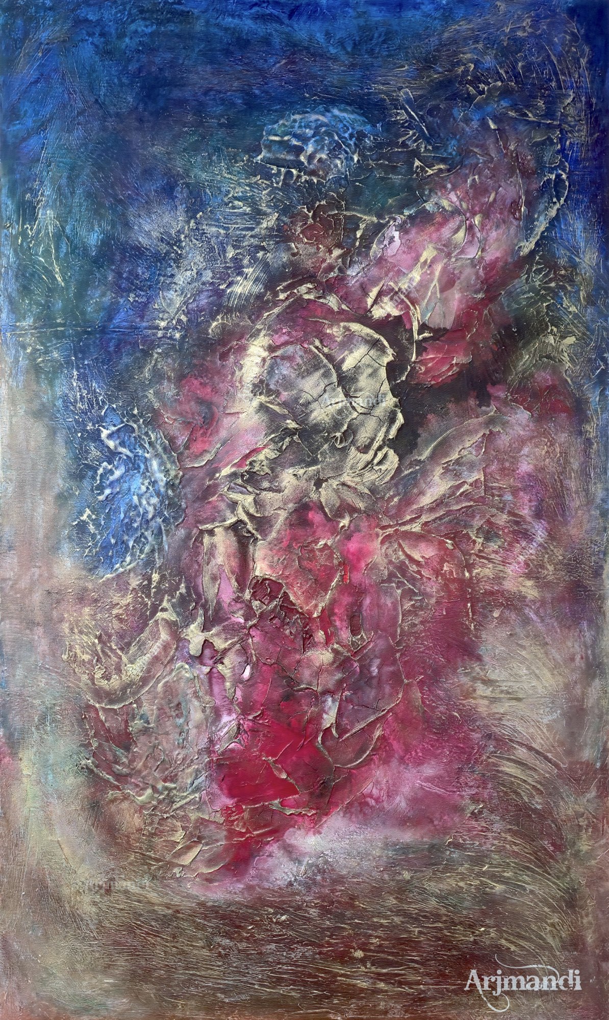 Tall abstraction in cobalt, crimson, and pale gold with a figure-like formation.