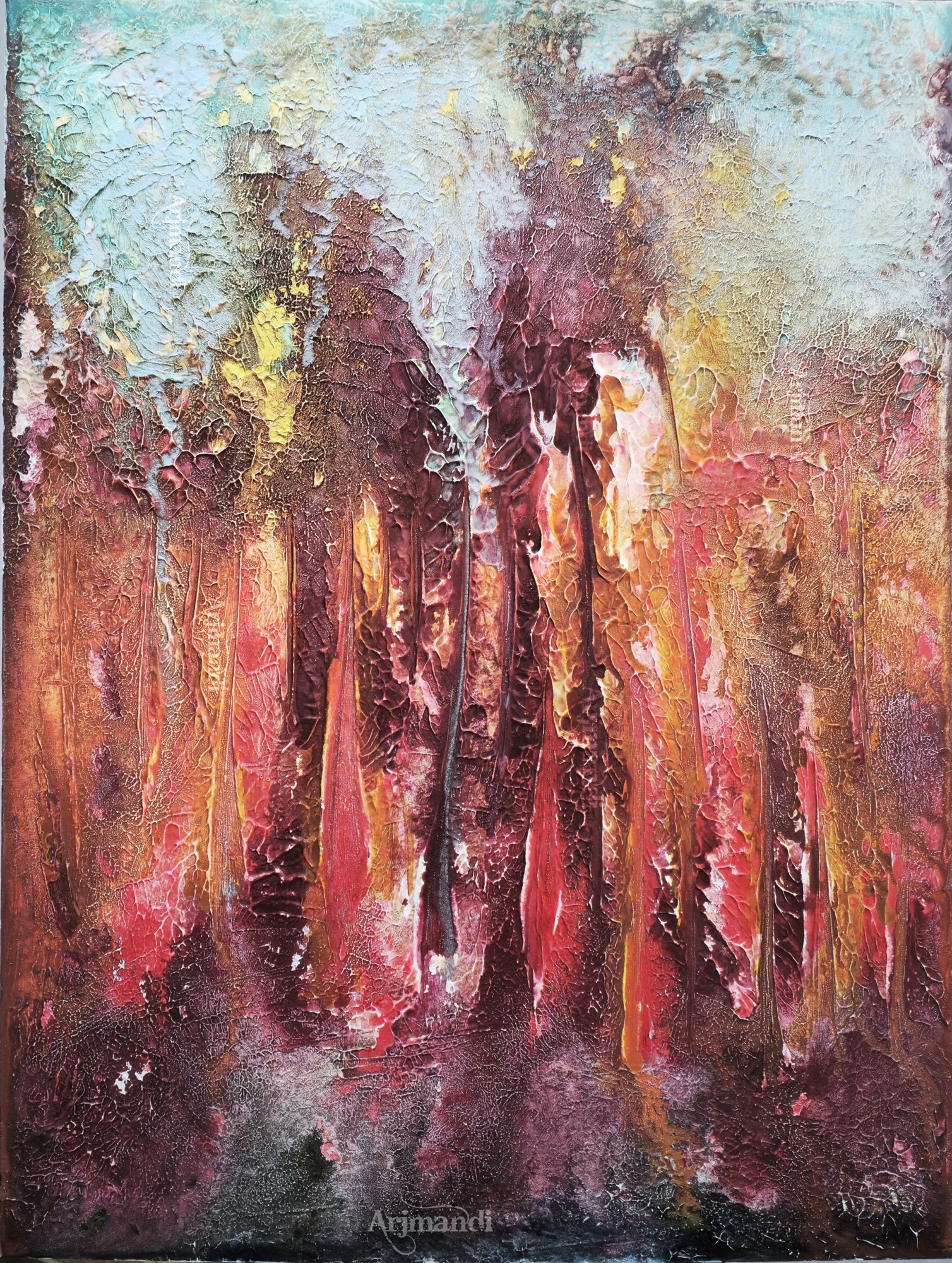 Vertical abstract painting in scarlet, ochre, ash, and pale blue.