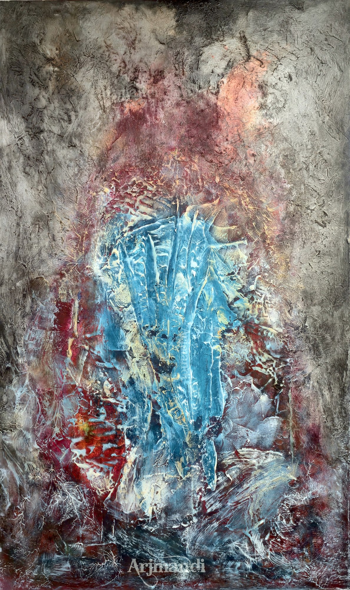 Tall abstraction with a fractured blue form emerging through gray and red textures.