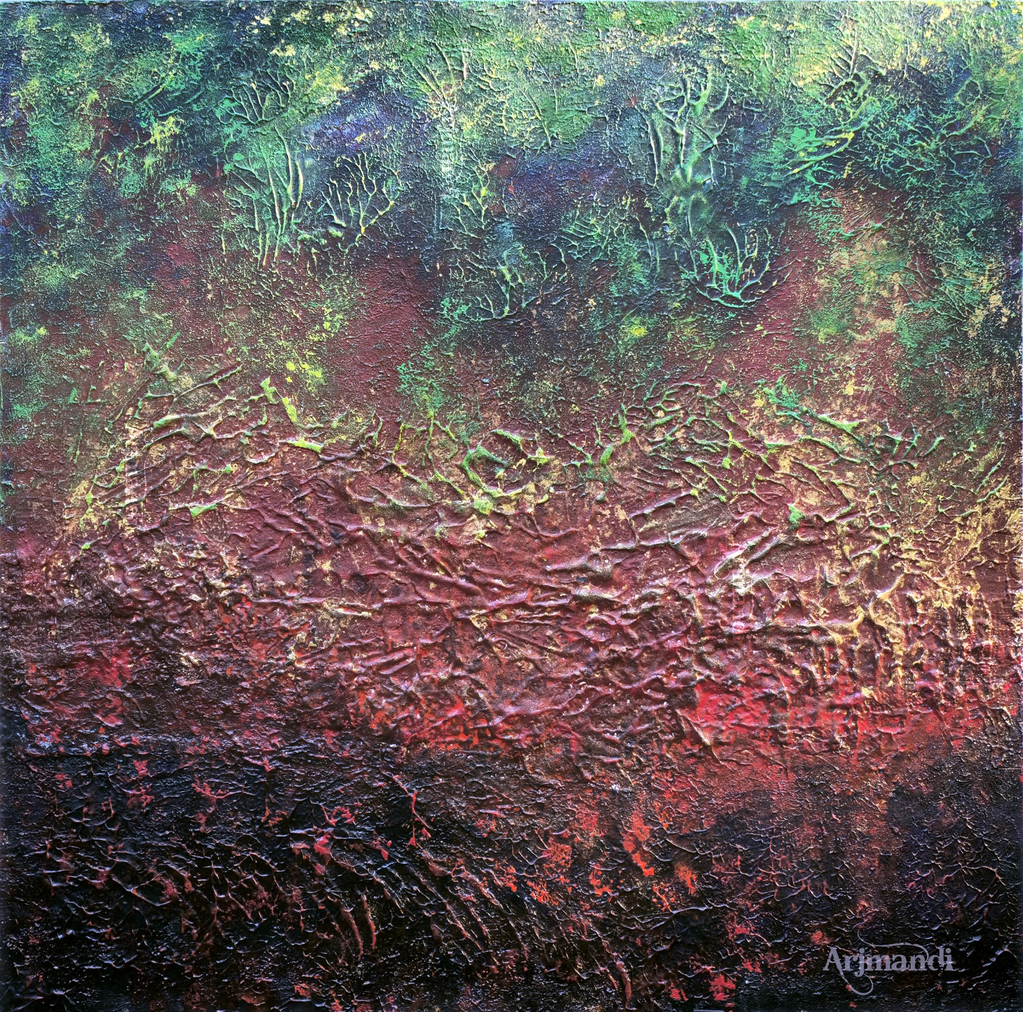 Broad textured abstraction with green and blue light above a red field.