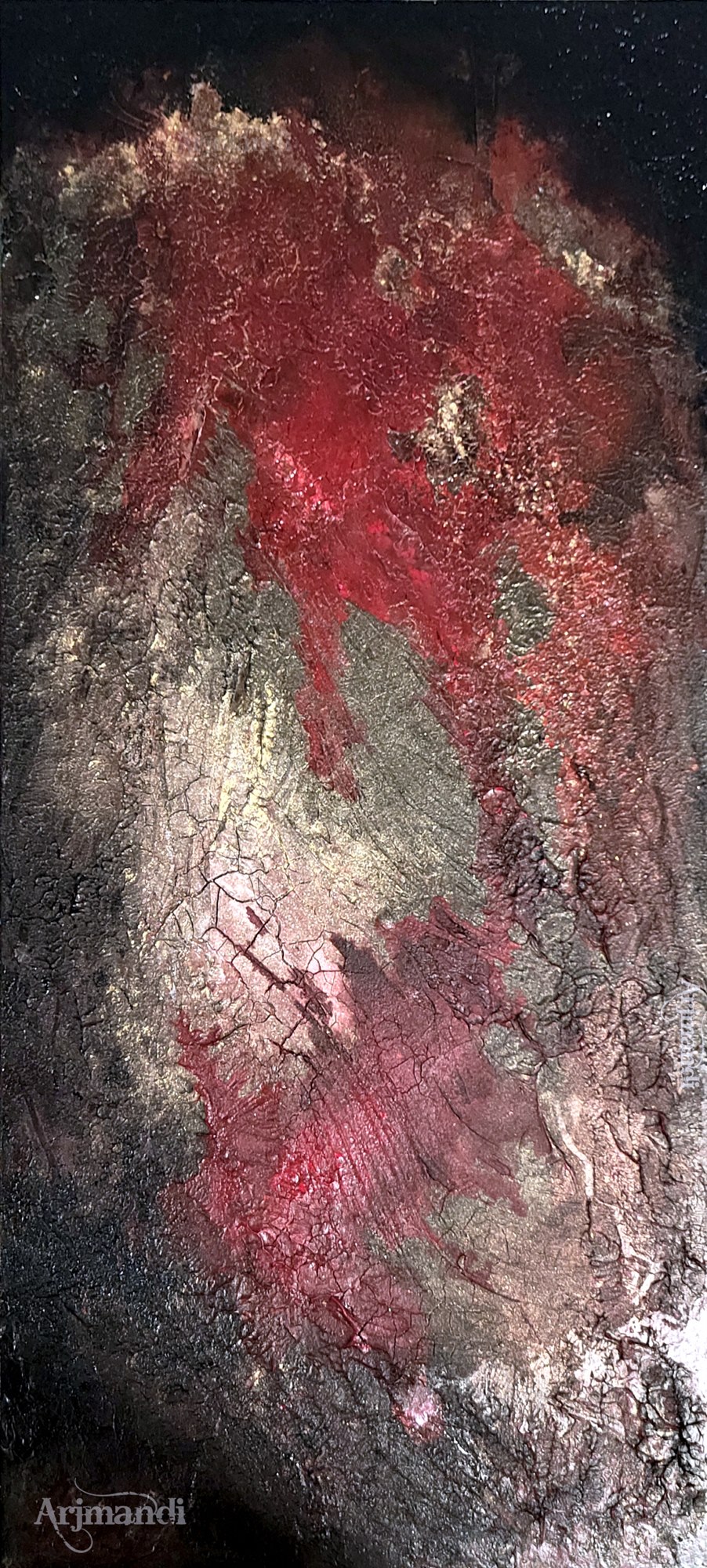 Cracked, burned abstract surface in black, deep red, and traces of gold.